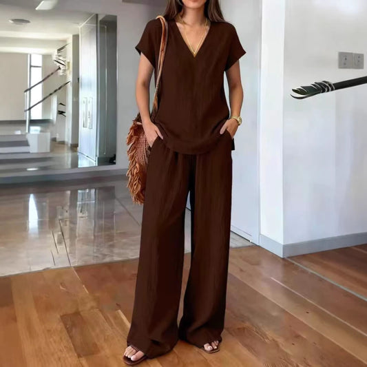 Fashionable V-neck Short-sleeve T-shirt And Wide-leg Pants Ladies Suit