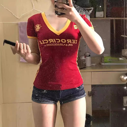 American Red V-neck Shoulder Short Sleeve