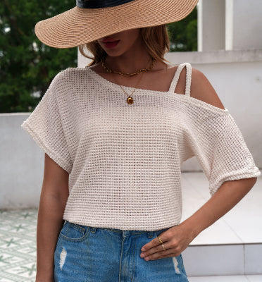 Ladies Short-sleeved Top Off-shoulder Knitted T-shirt