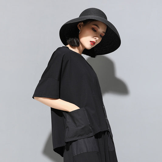 Ladies Stylish, Personalized Patchwork Asymmetrical Short-Sleeve Top