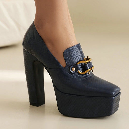 Ladies Snake-print Block-heel Shoes With A Square Toe Chunky Heel