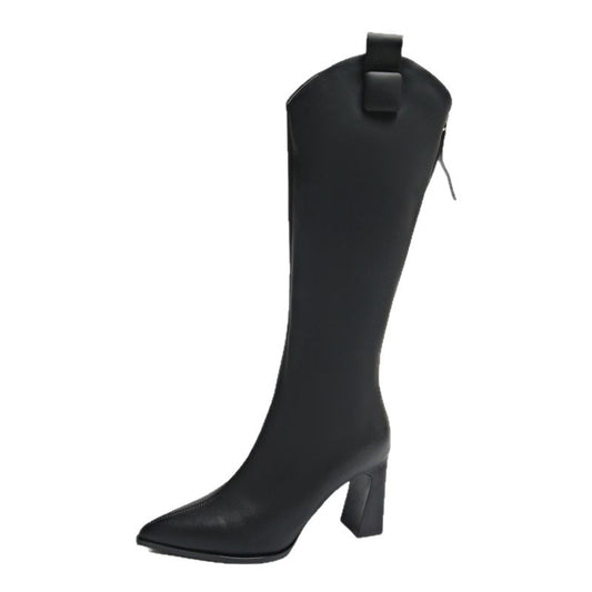 Ladies Knee-high Heeled Boots With A Back Zipper And Plush Lining