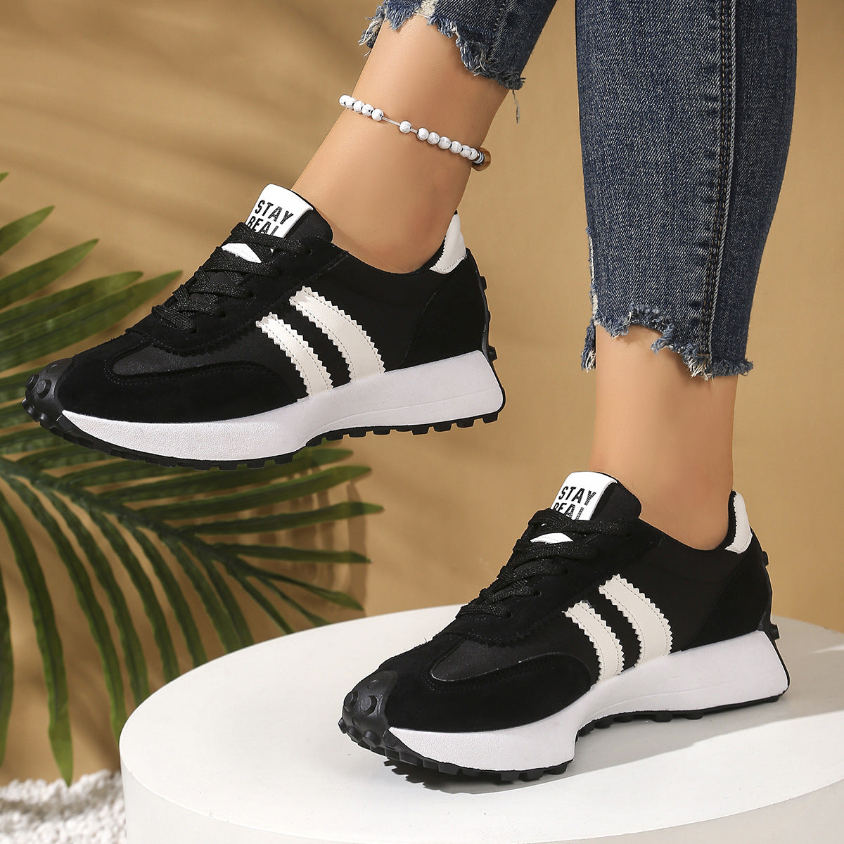 Stripe Lace-up Sneakers Ladies Thick Bottom Casual Shoes (Breathable)