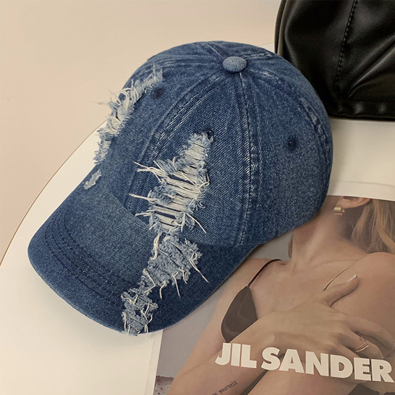 Summer Korean Style Denim Old Ripped Peaked Cap