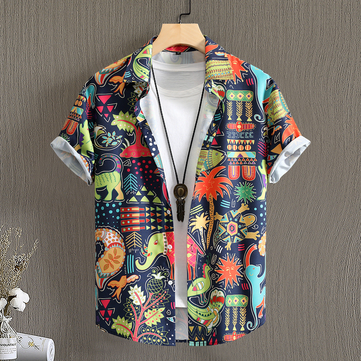 Men's Polyester  Retro Dinosaur Coconut Tree Shirt