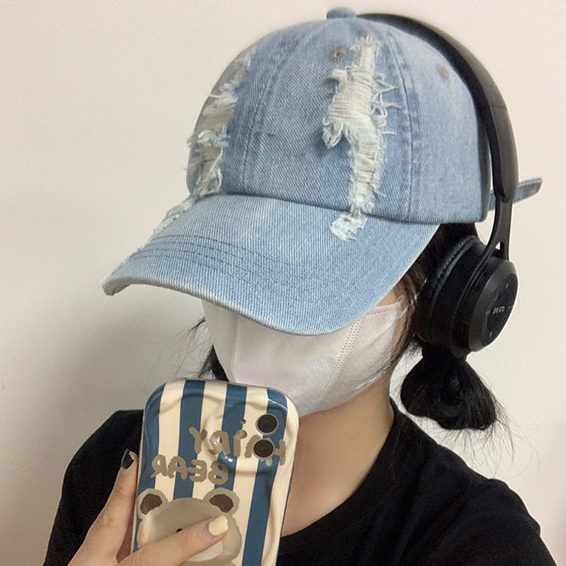Summer Korean Style Denim Old Ripped Peaked Cap