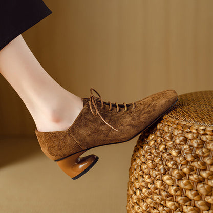 Ladies New Retro Sheepskin Chunky-Heel Pumps With A Square Toe
