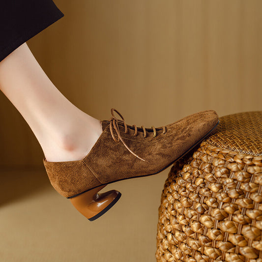 Ladies New Retro Sheepskin Chunky-Heel Pumps With A Square Toe