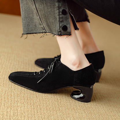 Ladies New Retro Sheepskin Chunky-Heel Pumps With A Square Toe
