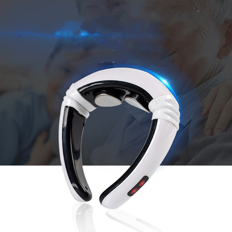 White and black neck massager with blue light on a blurred background