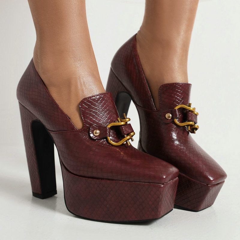 Ladies Snake-print Block-heel Shoes With A Square Toe Chunky Heel