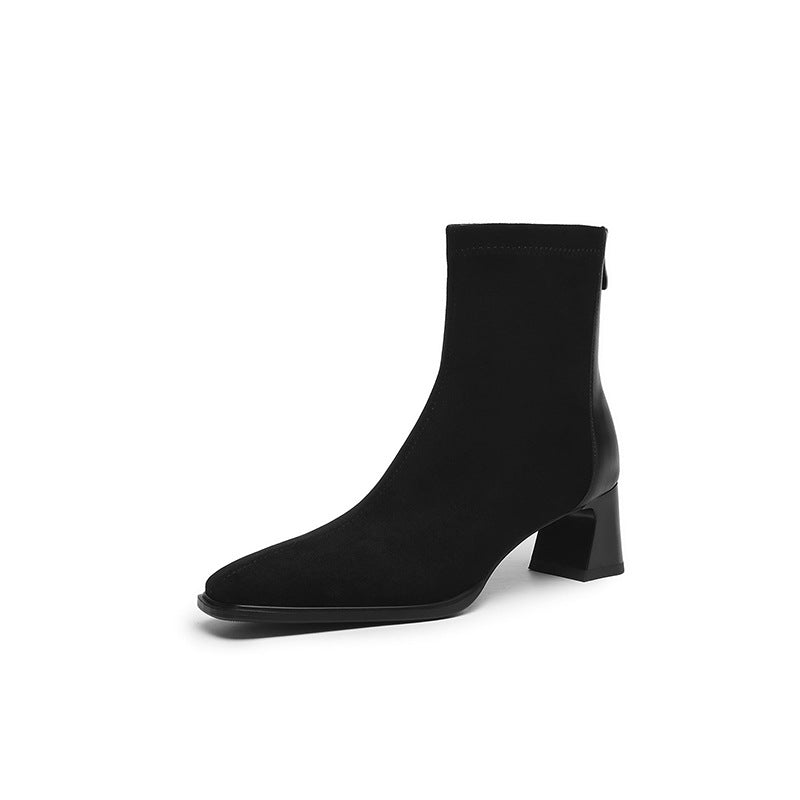 French-style Vintage Leather Patchwork Mid-heel Ankle Boots