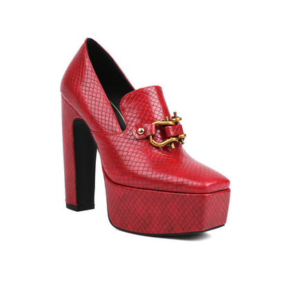Ladies Snake-print Block-heel Shoes With A Square Toe Chunky Heel