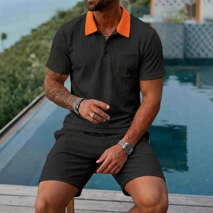 Mens Fashionable Breathable Color-Block Pocket Short-Sleeve (Set)