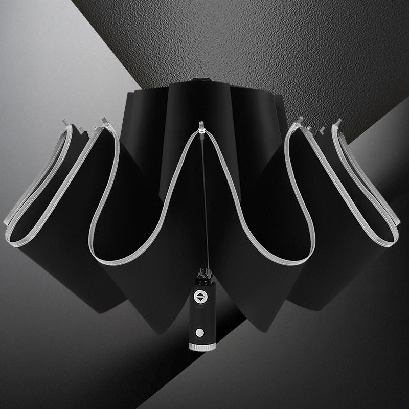 Black umbrella with a unique handle design on a dark background