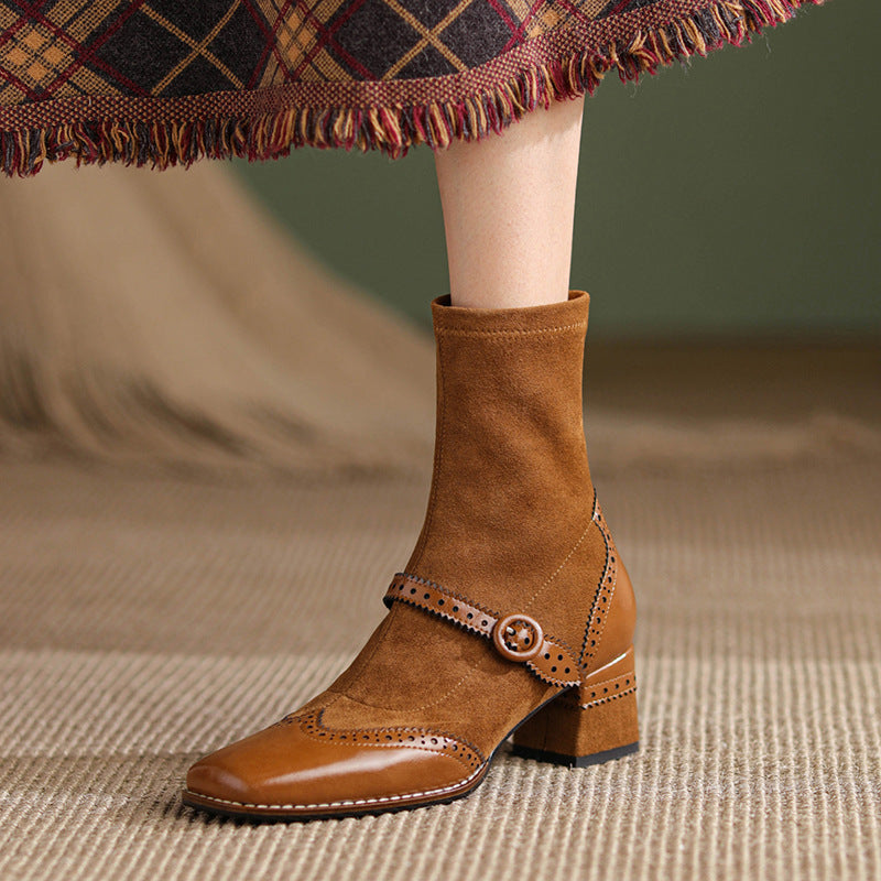 New Autumn Ladies Boots Square Toe Chunky Heel Vintage Style
