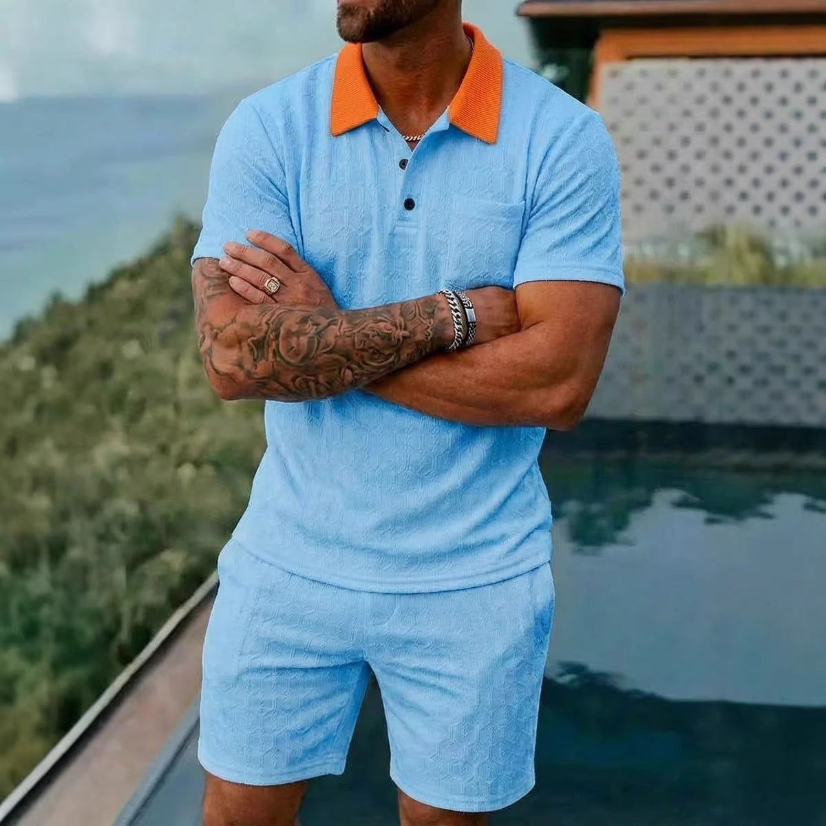 Mens Fashionable Breathable Color-Block Pocket Short-Sleeve (Set)