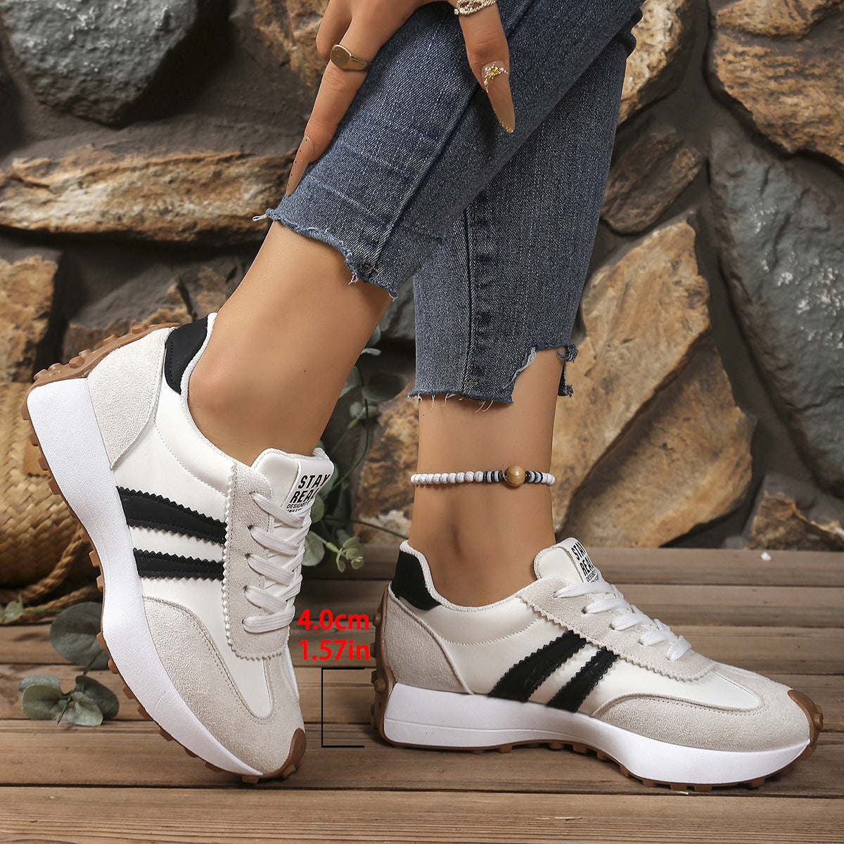 Stripe Lace-up Sneakers Ladies Thick Bottom Casual Shoes (Breathable)
