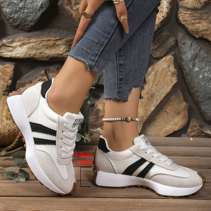 Stripe Lace-up Sneakers Ladies Thick Bottom Casual Shoes (Breathable)