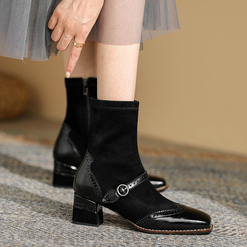 New Autumn Ladies Boots Square Toe Chunky Heel Vintage Style