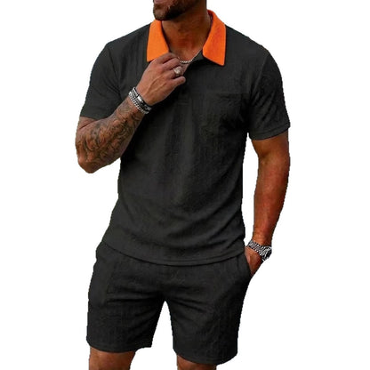 Mens Fashionable Breathable Color-Block Pocket Short-Sleeve (Set)