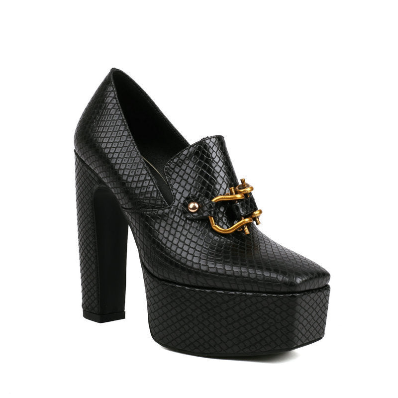 Ladies Snake-print Block-heel Shoes With A Square Toe Chunky Heel