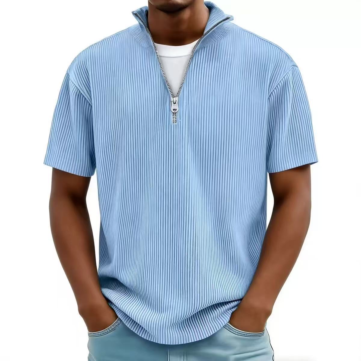 Summer Men's Casual Collar Short-sleeved Shirt With Zipper