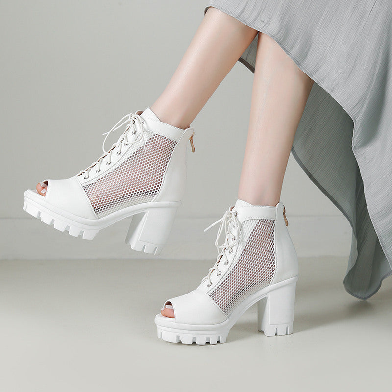 Ladies Plus Size Mesh Peep Toe Chunky Heel Sandals With Thick Soles And High Heels