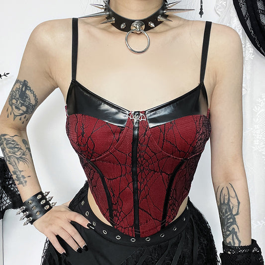 Dark Style Ladies Elegant Leather Splicing Sling Vest
