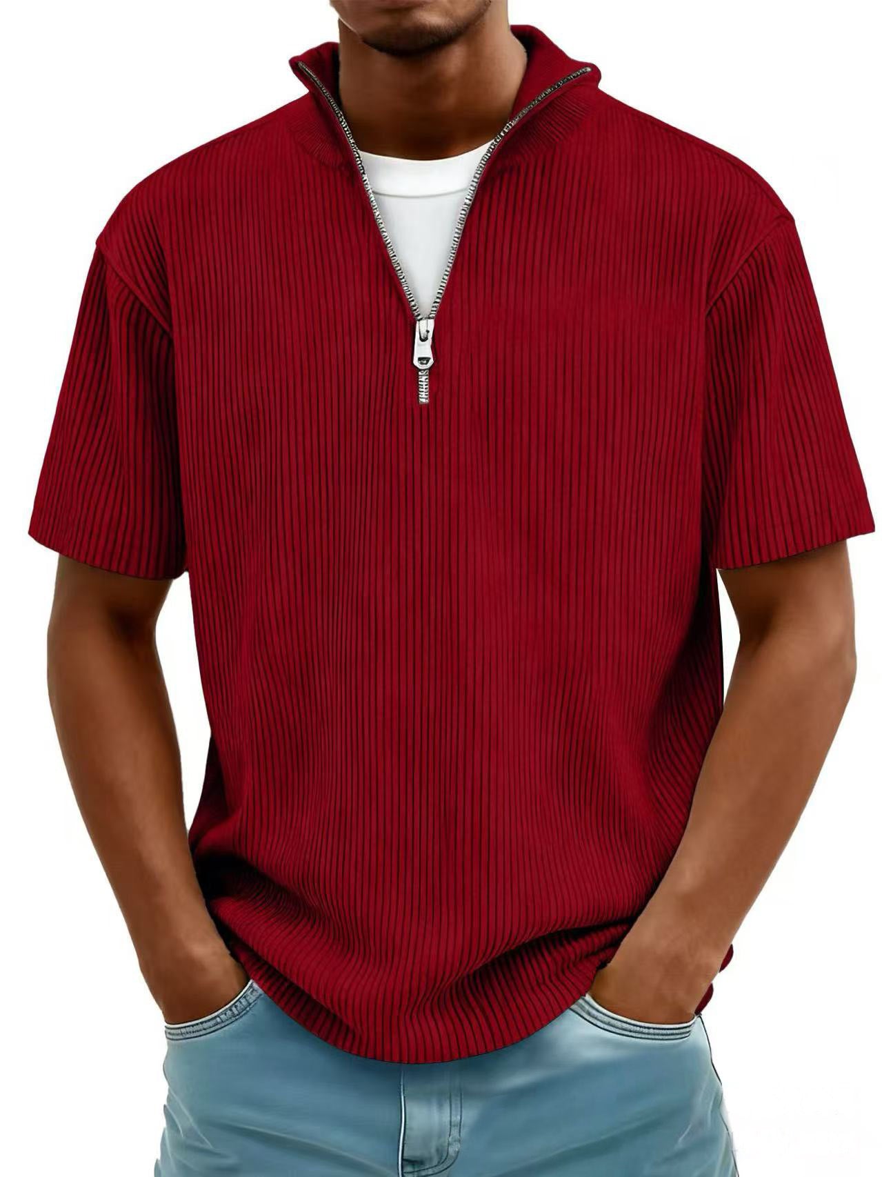 Summer Men's Casual Collar Short-sleeved Shirt With Zipper