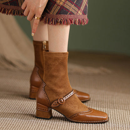 New Autumn Ladies Boots Square Toe Chunky Heel Vintage Style