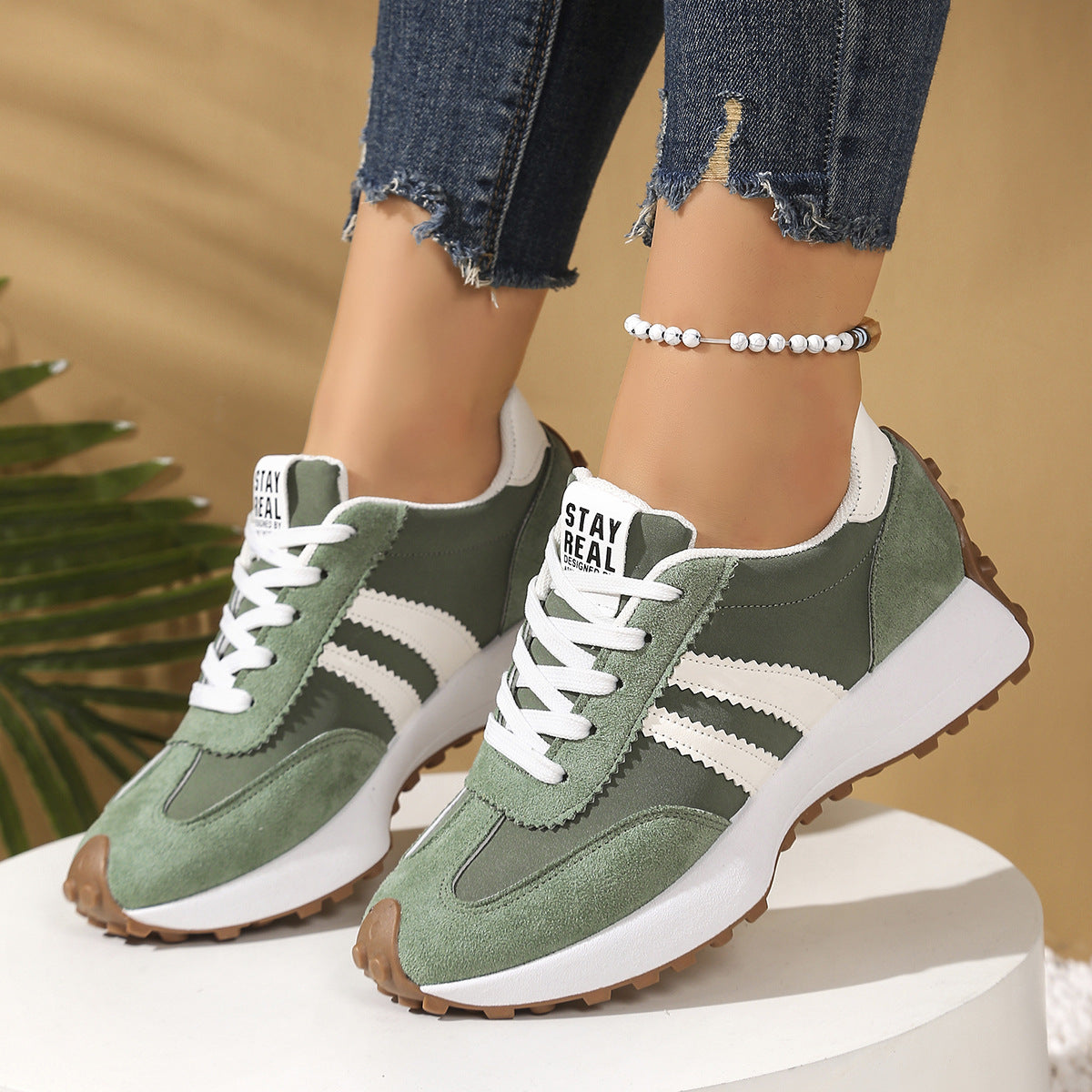 Stripe Lace-up Sneakers Ladies Thick Bottom Casual Shoes (Breathable)