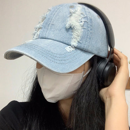 Summer Korean Style Denim Old Ripped Peaked Cap