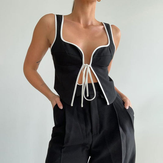Pure Black Elegant Shoulder Strap Vest For Ladies