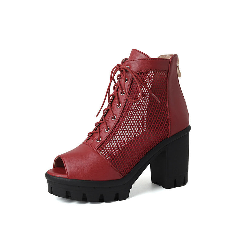 Ladies Plus Size Mesh Peep Toe Chunky Heel Sandals With Thick Soles And High Heels