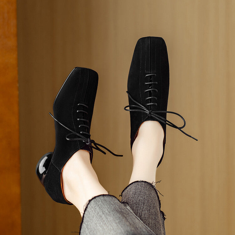 Ladies New Retro Sheepskin Chunky-Heel Pumps With A Square Toe