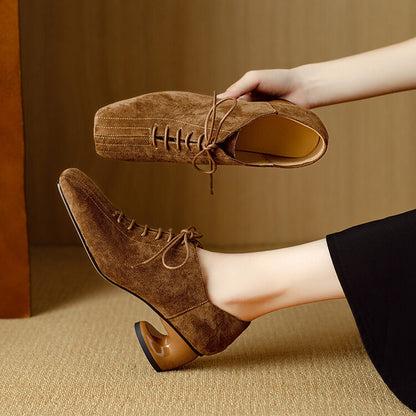 Ladies New Retro Sheepskin Chunky-Heel Pumps With A Square Toe