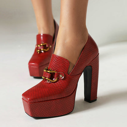 Ladies Snake-print Block-heel Shoes With A Square Toe Chunky Heel
