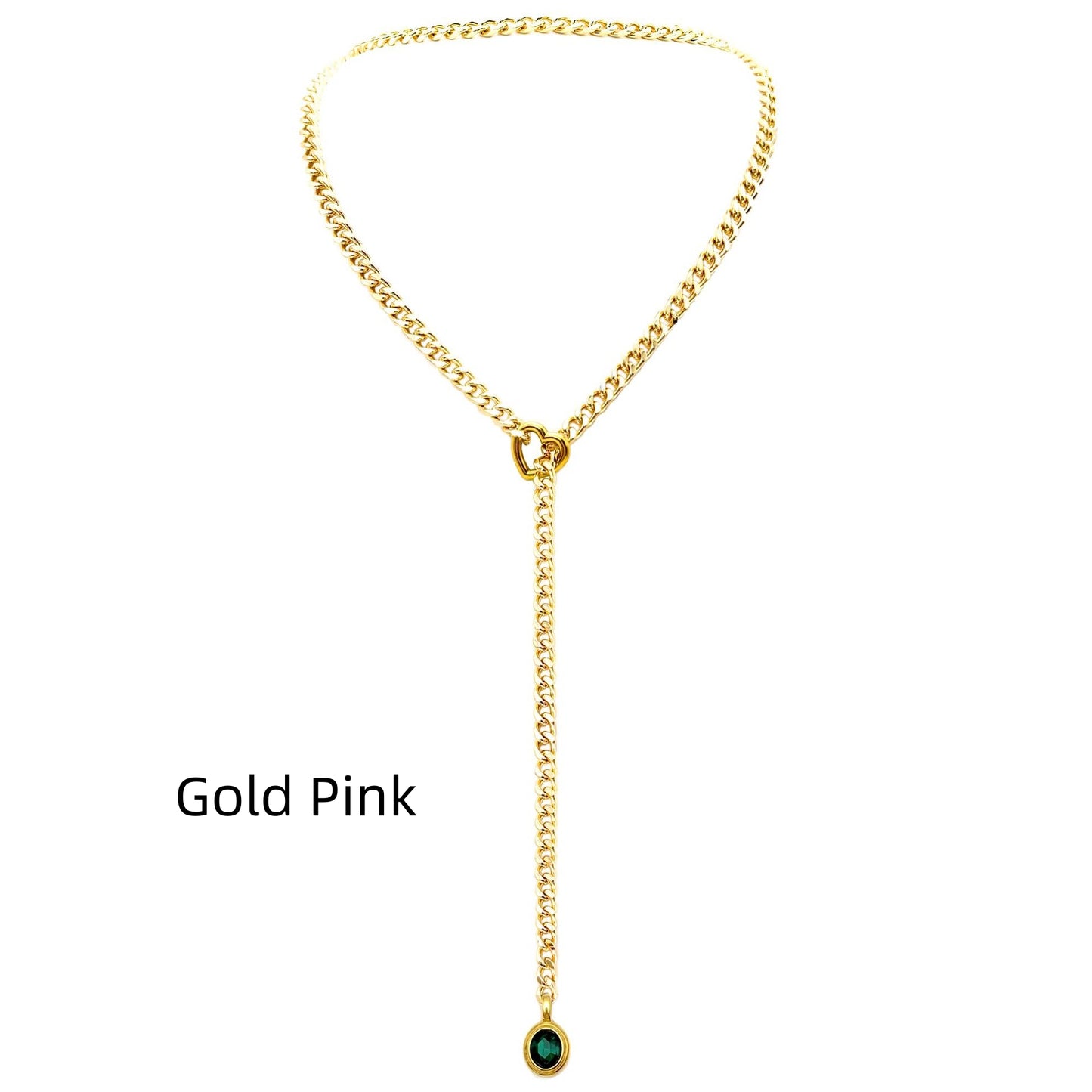 Stainless Steel 18K Slide Chain Heart-shaped Ring Cuba Long Necklace (For Lady)