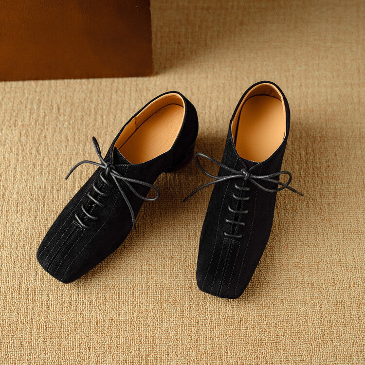 Ladies New Retro Sheepskin Chunky-Heel Pumps With A Square Toe