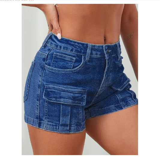 Ladies Solid-Color High-Waist Denim Shorts