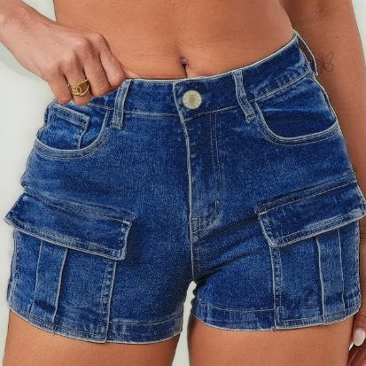 Ladies Solid-Color High-Waist Denim Shorts