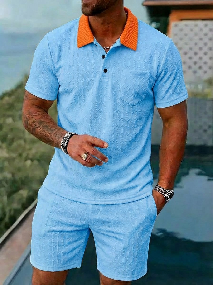 Mens Fashionable Breathable Color-Block Pocket Short-Sleeve (Set)