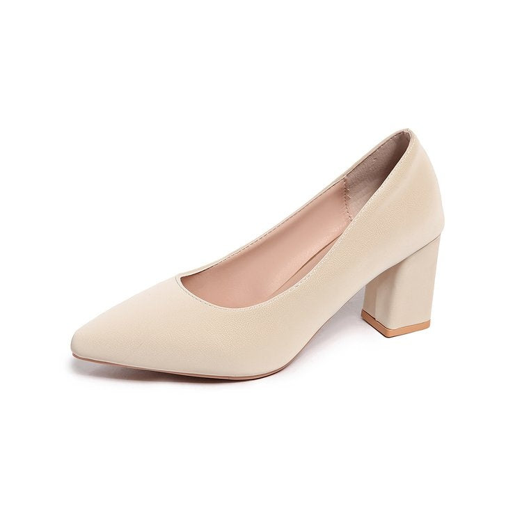 Ladies Simple Style Chunky Heel Pumps Pointed Toe High Heels