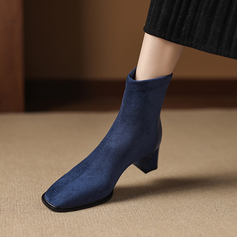 French-style Vintage Leather Patchwork Mid-heel Ankle Boots