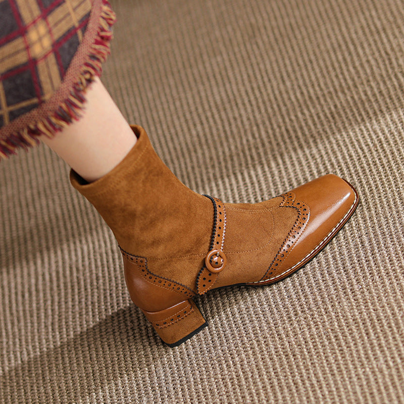 New Autumn Ladies Boots Square Toe Chunky Heel Vintage Style