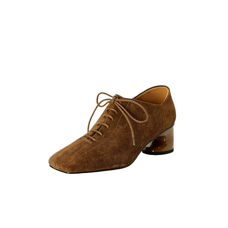 Ladies New Retro Sheepskin Chunky-Heel Pumps With A Square Toe