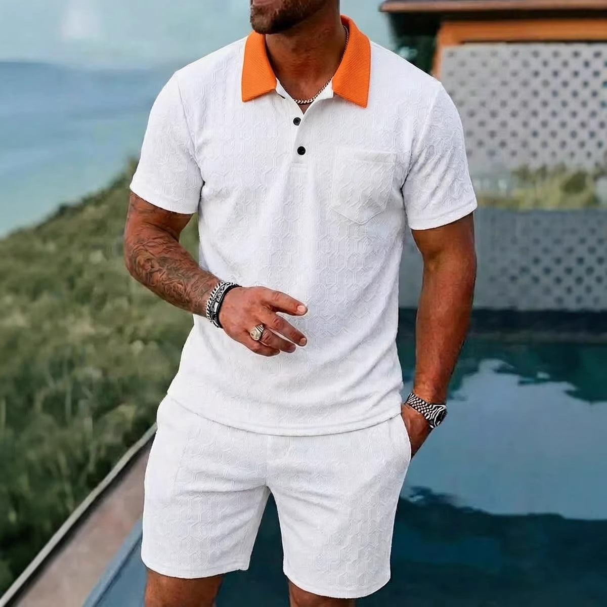 Mens Fashionable Breathable Color-Block Pocket Short-Sleeve (Set)