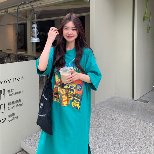 Bag Collar Short Sleeve Floral Print Slit Mid-length T-shirt Dress For Ladies