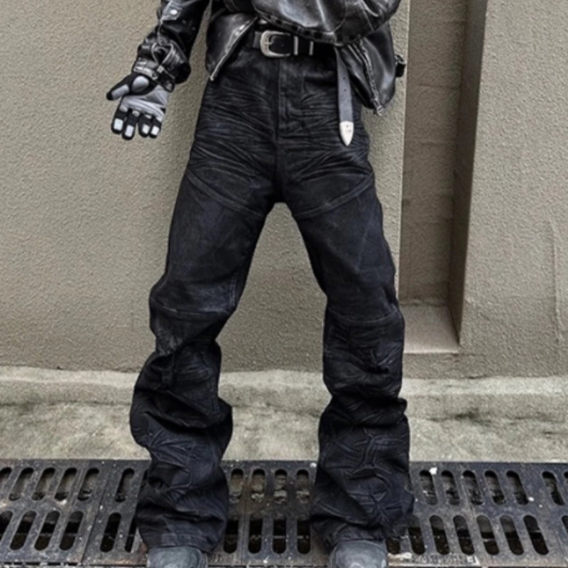 Raw-edge Slim-fit Pleated Slightly Flared Denim Jeans